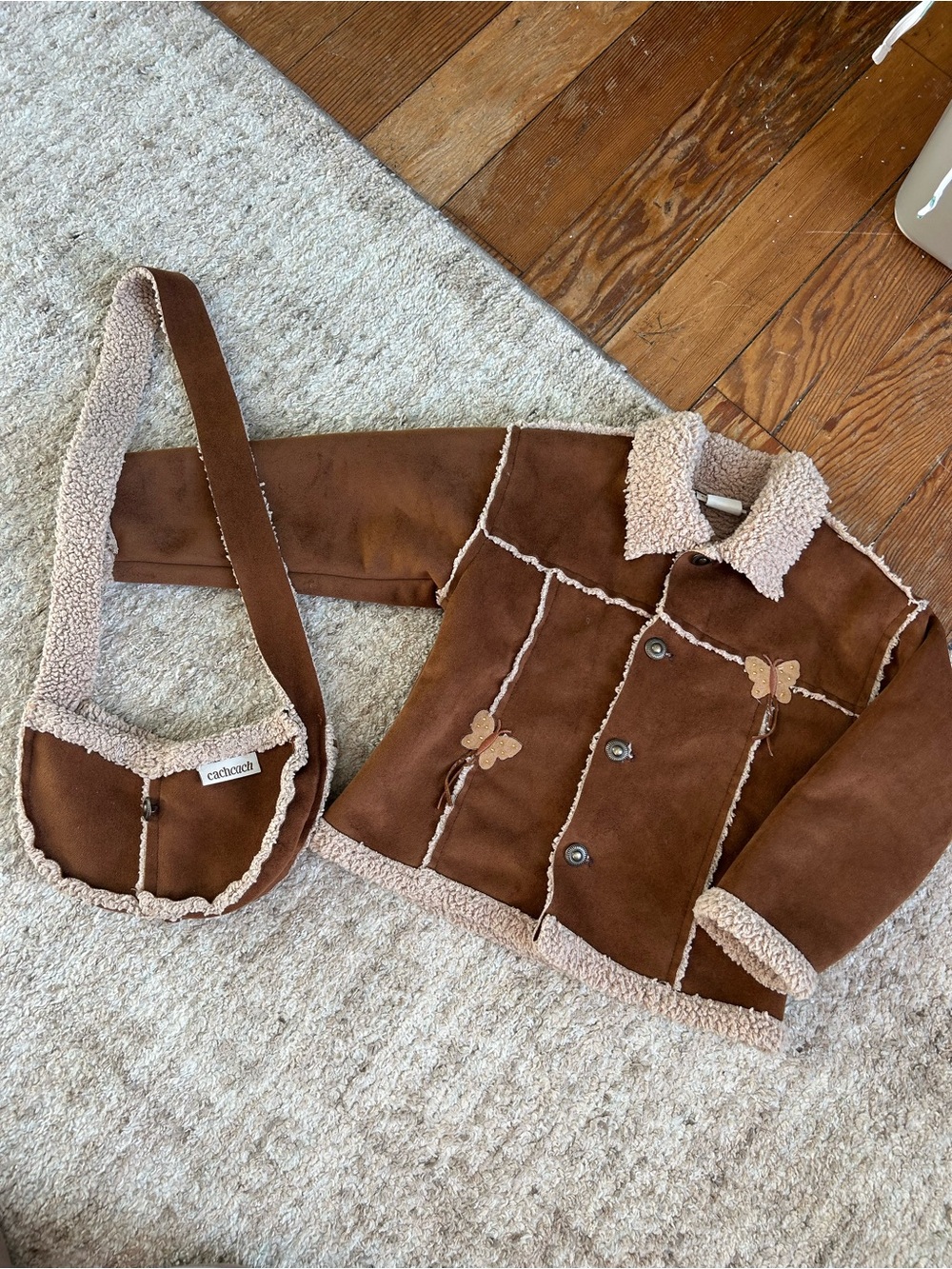 90s Brown Shearling-Trim Jacket with Matching Bag - 2T